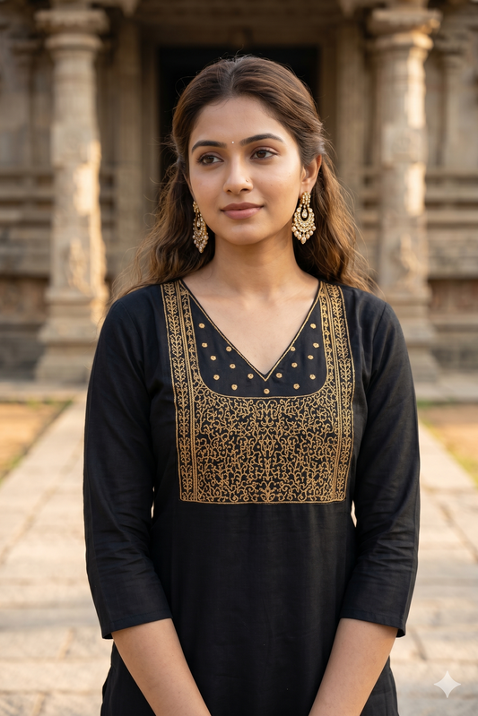 Elegant Jet Black Office Wear Kurti with Zari (IB0454)