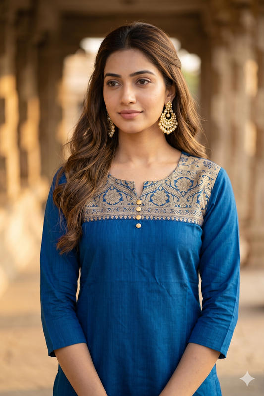 Blue Kurti with Golden Brocade Woven Office Wear (Ib0455)