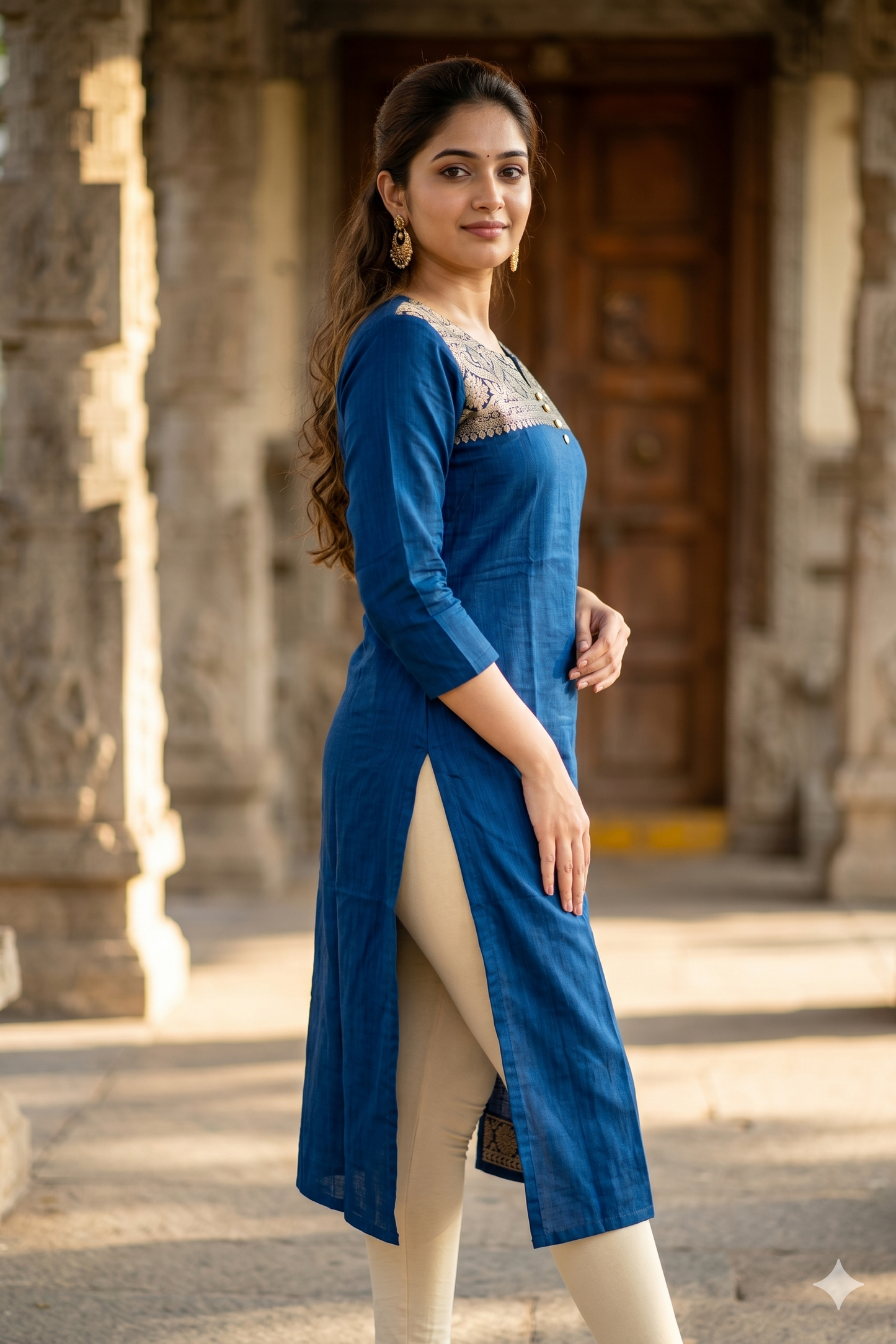 Blue Kurti with Golden Brocade Woven Office Wear (Ib0455)