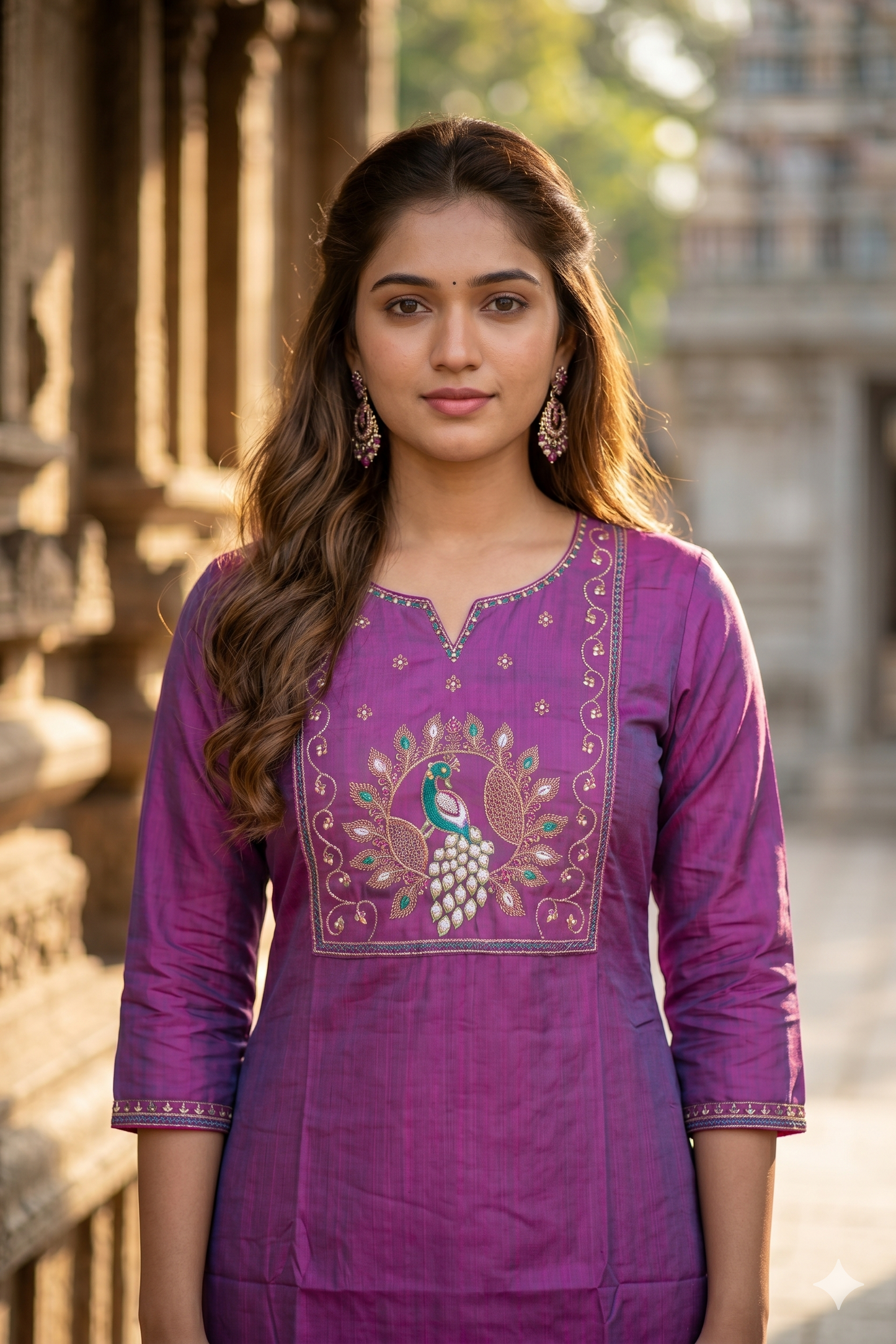 Magenta Purple Kurti with Embroidered Peacock Yoke  (IB0456)