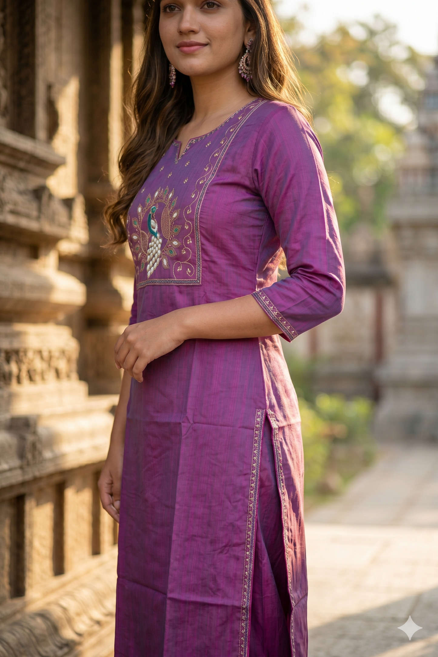 Magenta Purple Kurti with Embroidered Peacock Yoke  (IB0456)