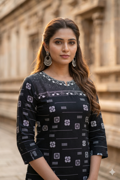 Black and White Monochrome Office Wear Kurti (IB0457)