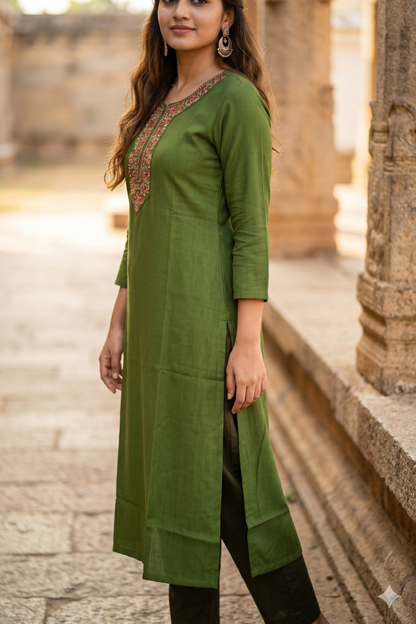 Olive Green Floral Embroidered Office Wear Kurti (IB0458)