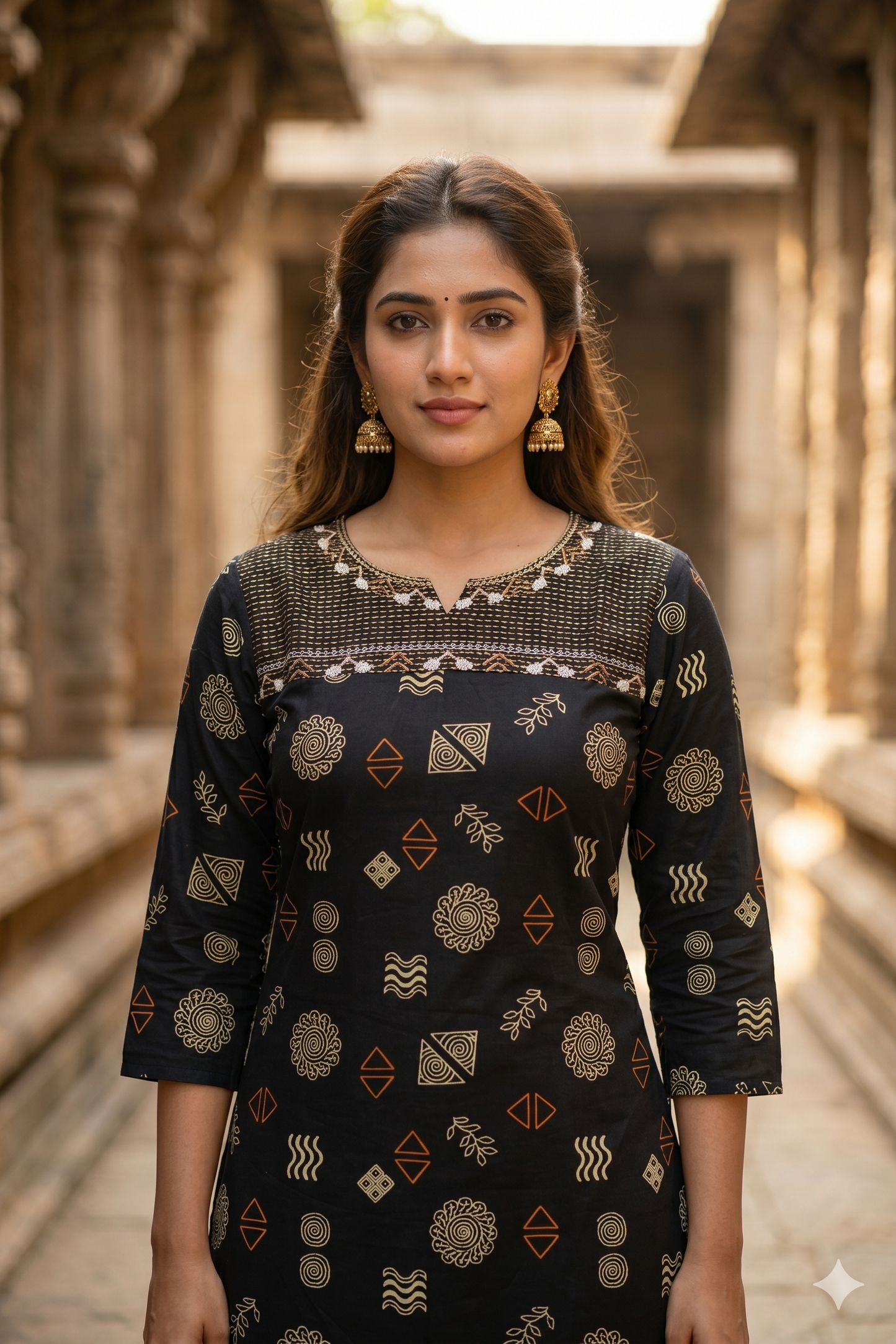 Black Geometric Print Yoke-Embroidered Office Wear Kurti (IB0459)