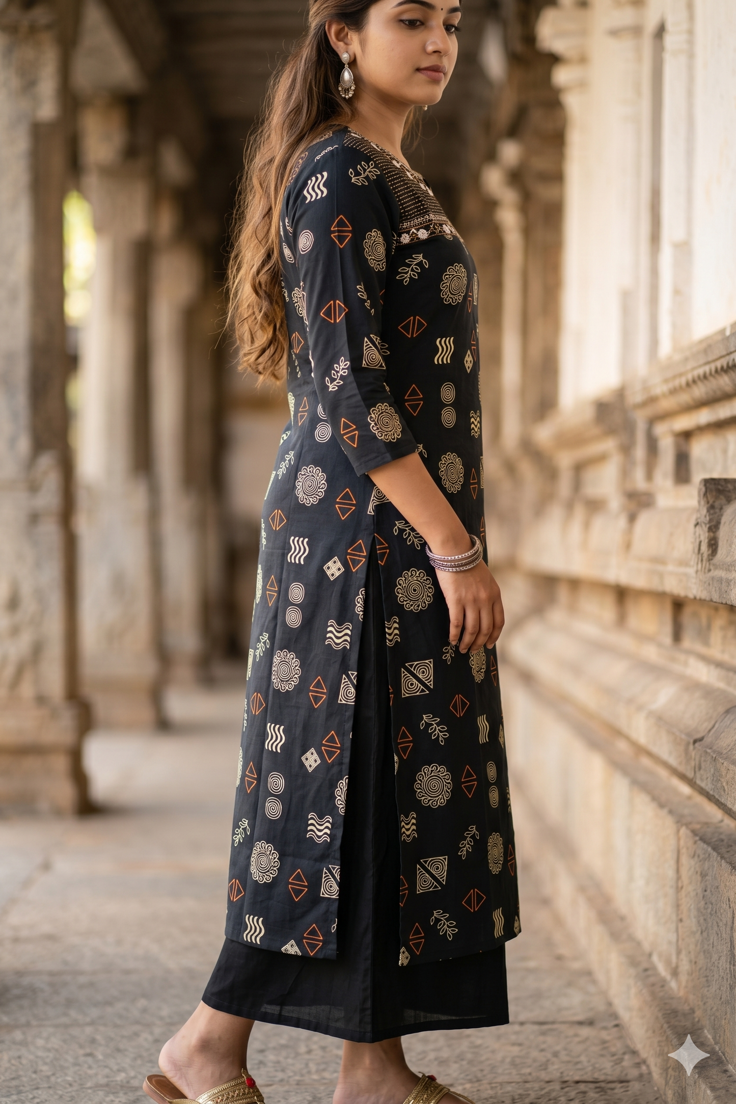 Black Geometric Print Yoke-Embroidered Office Wear Kurti (IB0459)