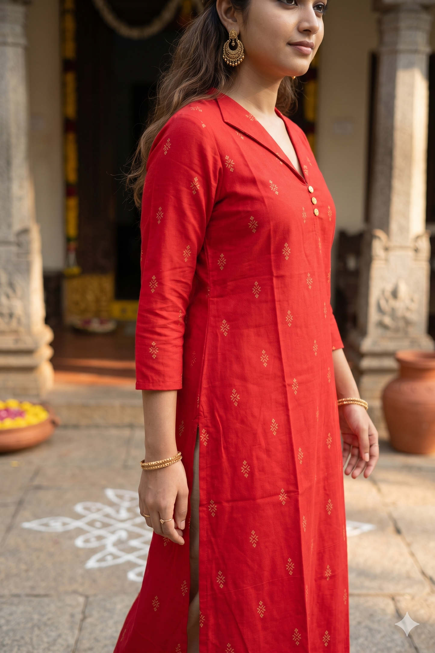 Red Shirt-Collar Geometric Print Office Wear Kurti (IB0460)