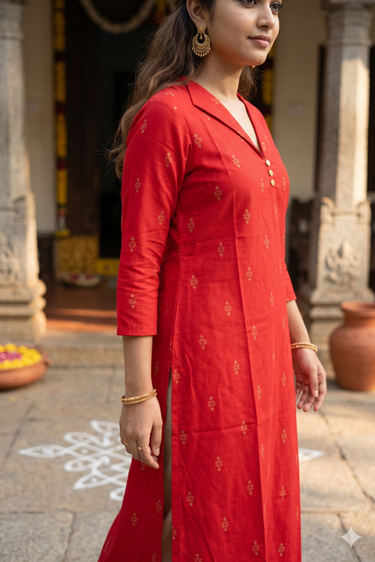 Red Shirt-Collar Geometric Print Office Wear Kurti (IB0460)