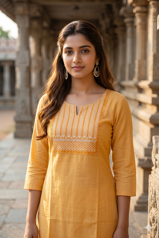 Yellow Linear Embroidered Office Wear Kurti (IB0461)