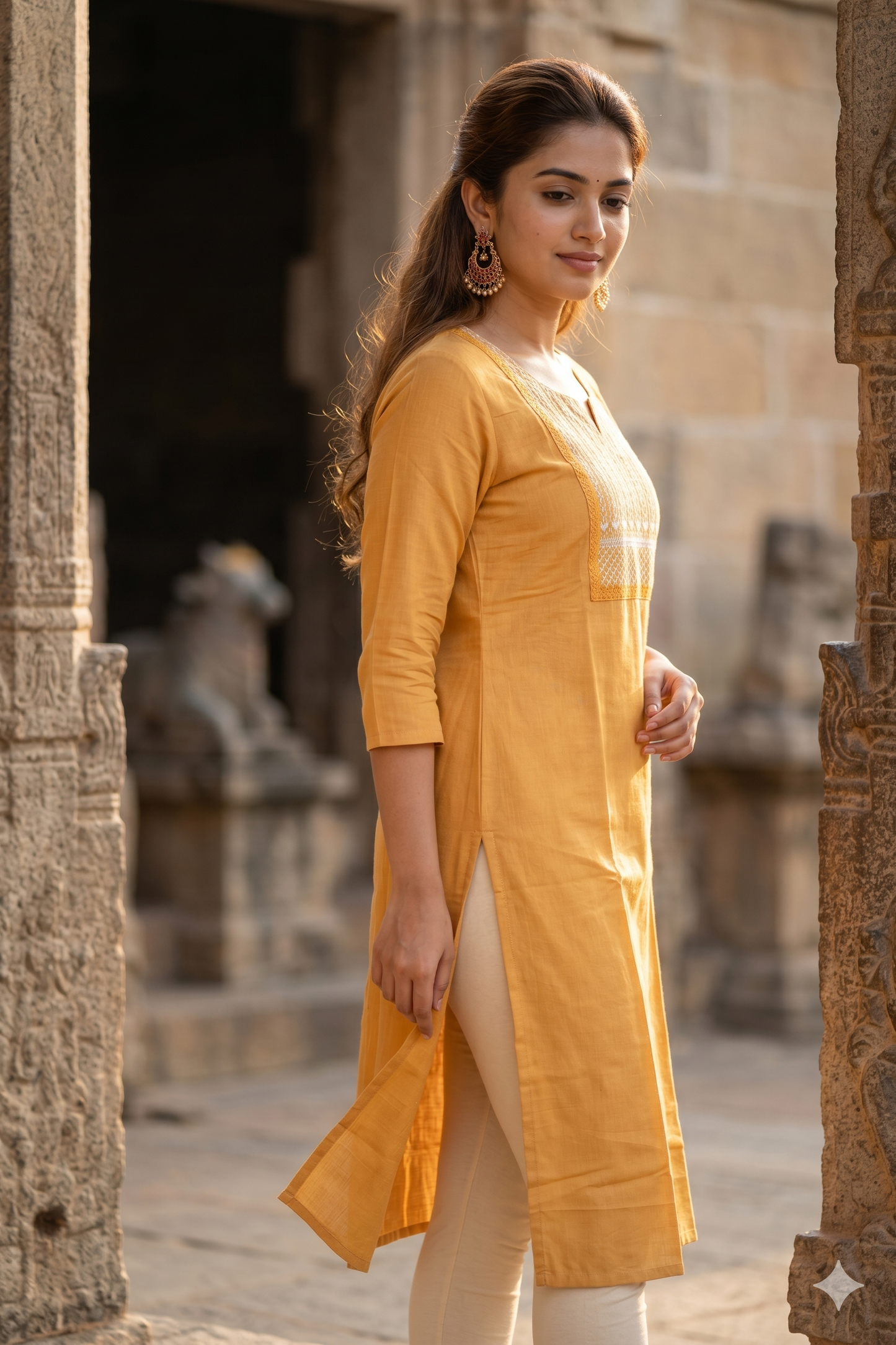 Yellow Linear Embroidered Office Wear Kurti (IB0461)