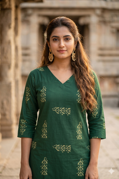 Dark Green Motif Print V-Neck Office Wear Kurti (IB0462)