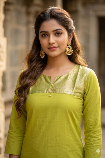 Olive Lime Woven Yoke Office Wear Kurti (IB0463)