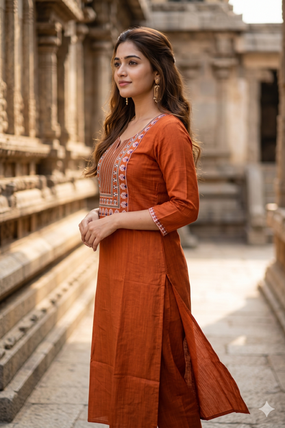 Rust Orange Neck-Embroidered Office Wear Kurti (IB0464)