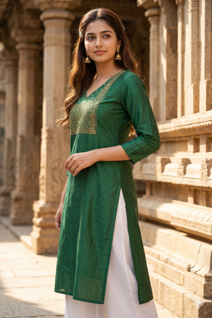 Dark Green Straight Kurti with Gold Neck Embroidery (IB0466)