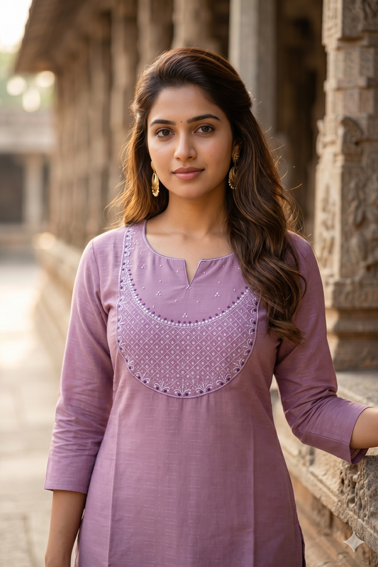Mauve Yoke-Embroidered Straight Kurti (IB0467)