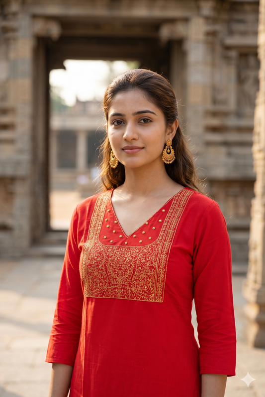 Classic Red V-Neck Kurti with Gold Zari Work (IB0468)