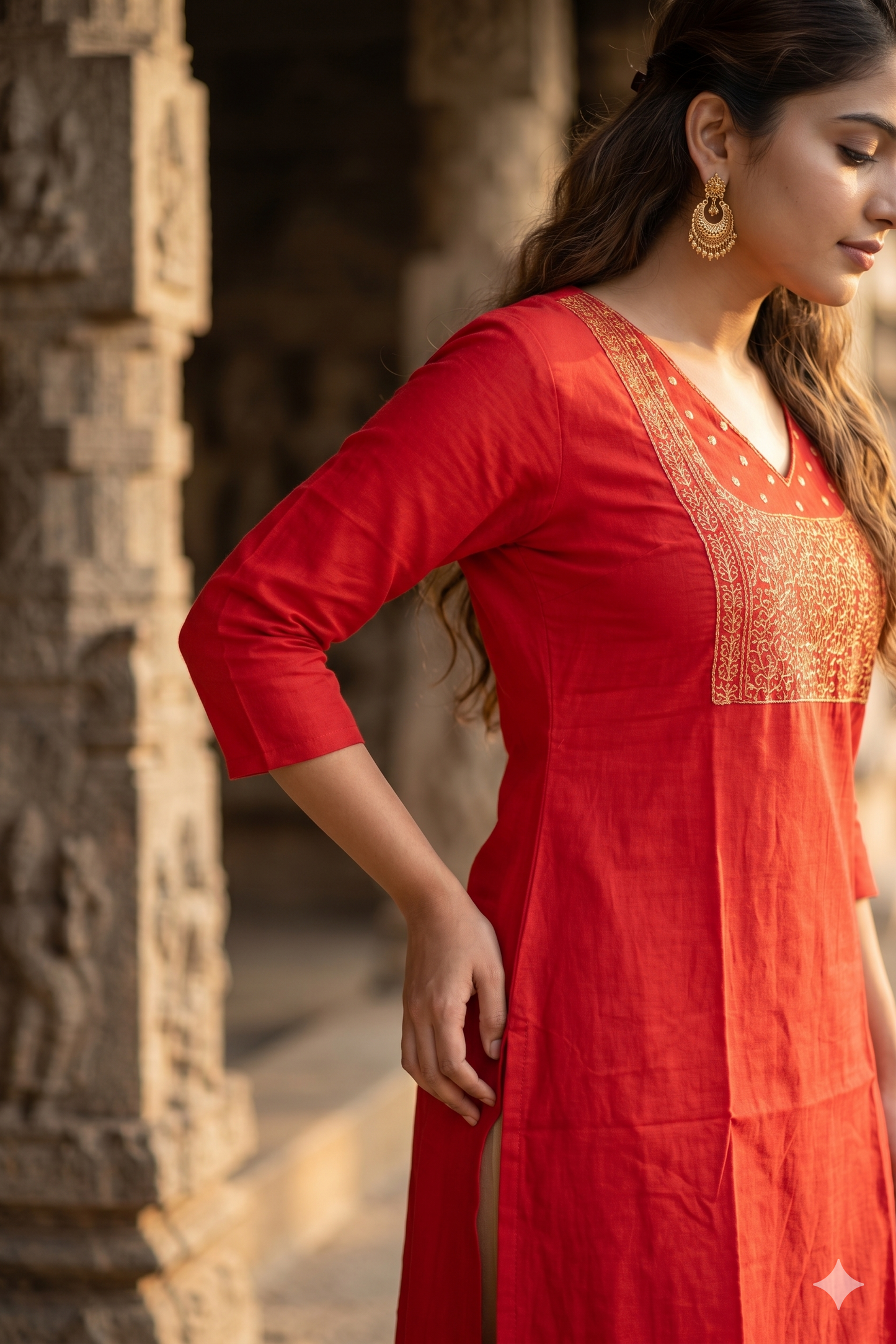 Classic Red V-Neck Kurti with Gold Zari Work (IB0468)