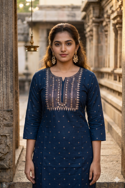 Navy Blue Embroidered Office Wear Straight Kurti (IB0471)