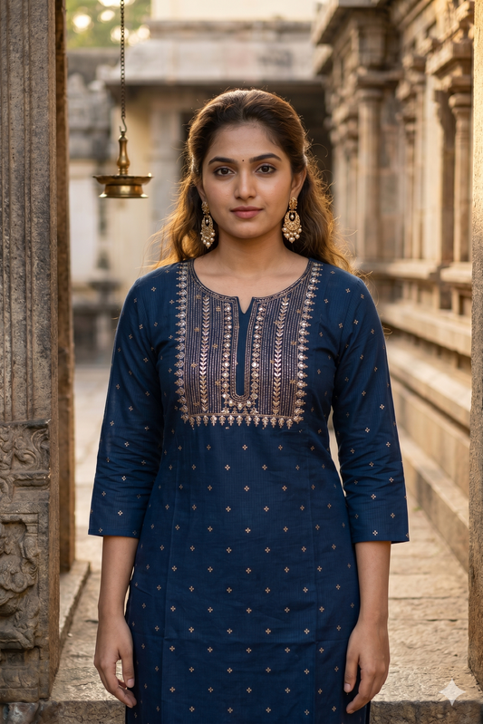 Navy Blue Embroidered Office Wear Straight Kurti (IB0471)