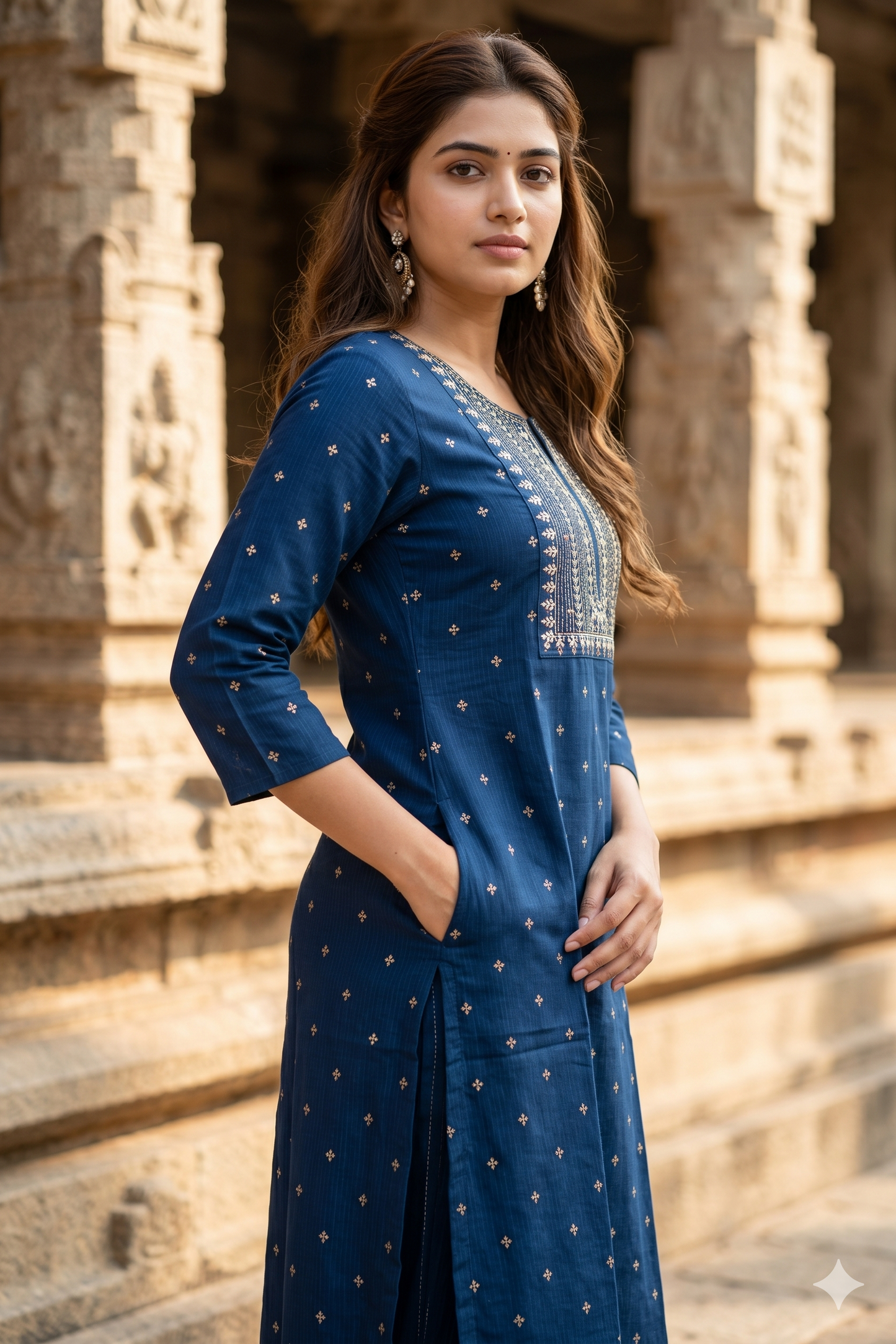 Navy Blue Embroidered Office Wear Straight Kurti (IB0471)