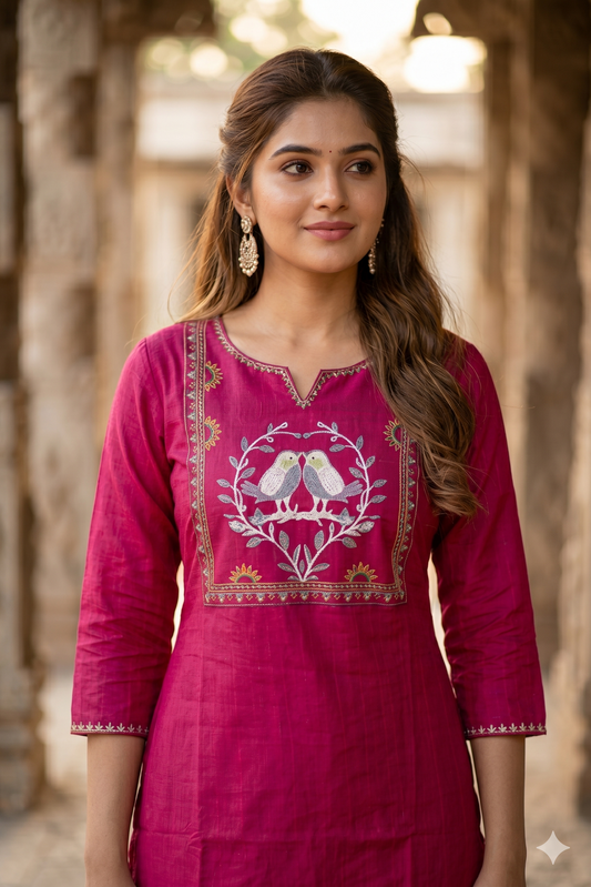 Magenta Bird Embroidered Office Wear Kurti (IB0472)
