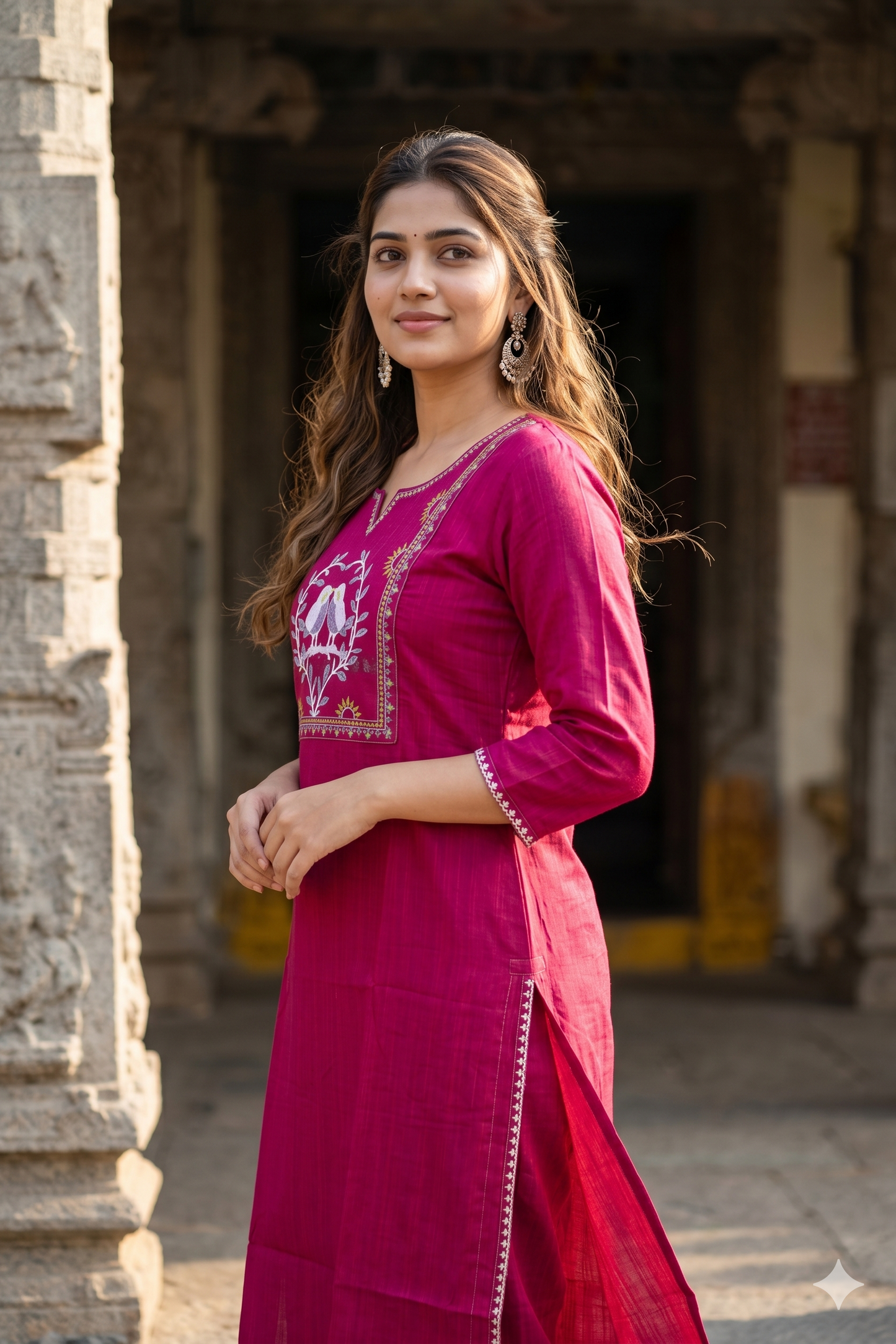 Magenta Bird Embroidered Office Wear Kurti (IB0472)