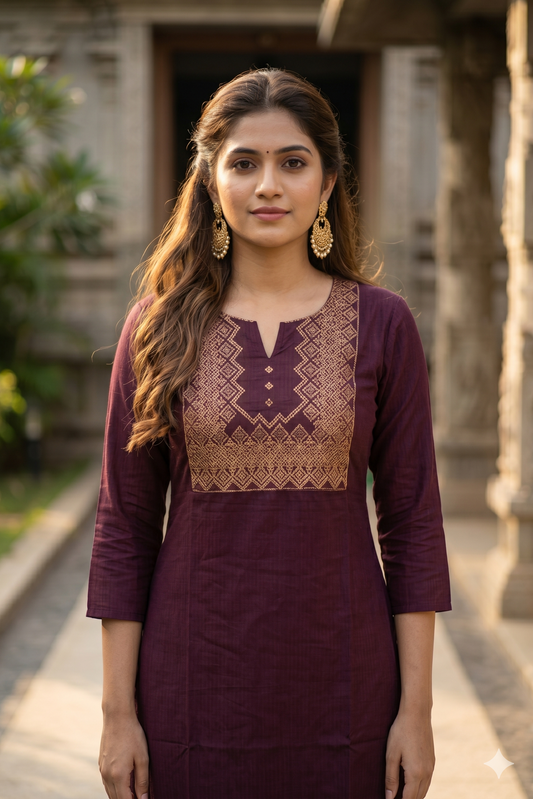 Wine Purple Embroidered Office Wear Kurti (IB0473)