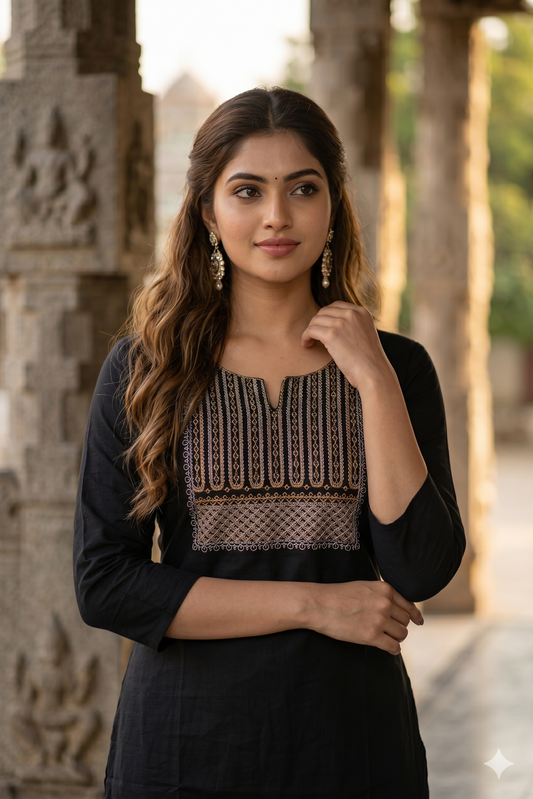 Jet Black Embroidered Office Wear Straight Kurti (IB0474)