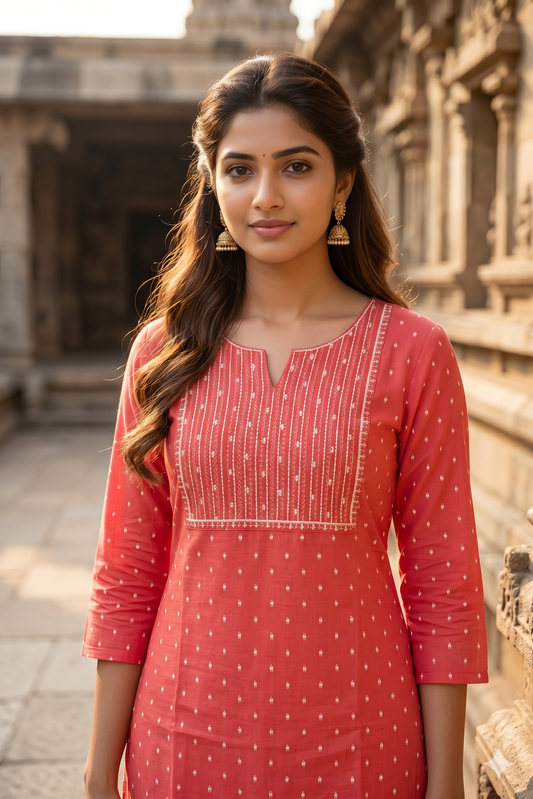 Coral Pink Embroidered Office Wear Kurti (IB0475)