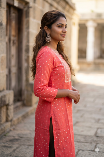 Coral Pink Embroidered Office Wear Kurti (IB0475)