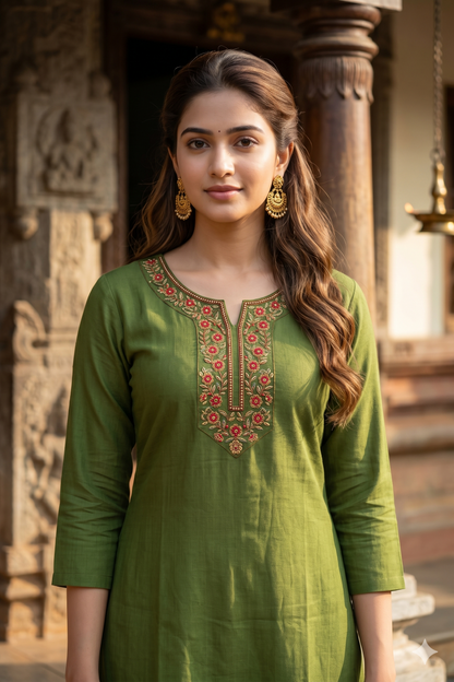 Olive Green Floral Embroidered Office Wear Kurti (IB0458)