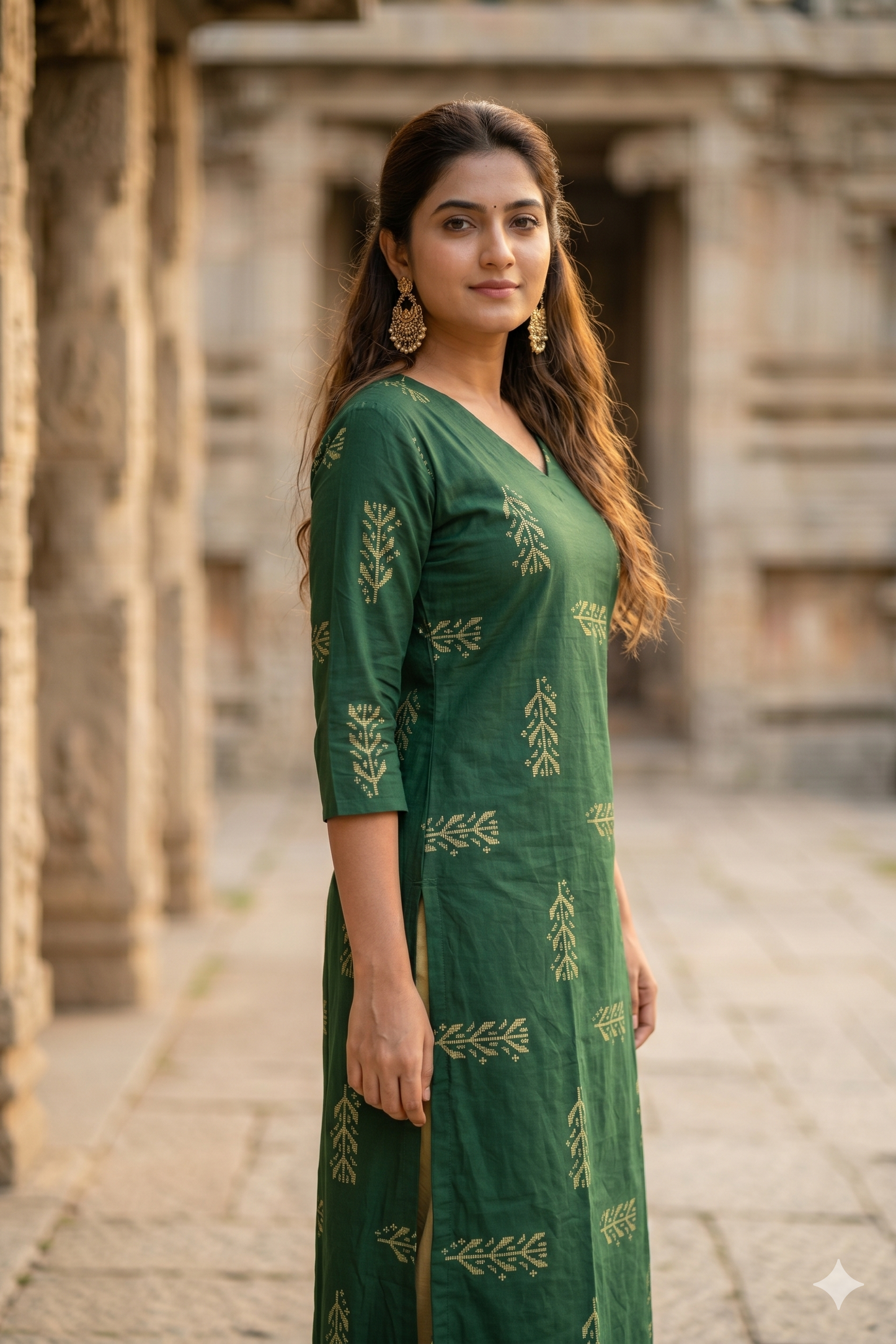 Dark Green Motif Print V-Neck Office Wear Kurti (IB0462)