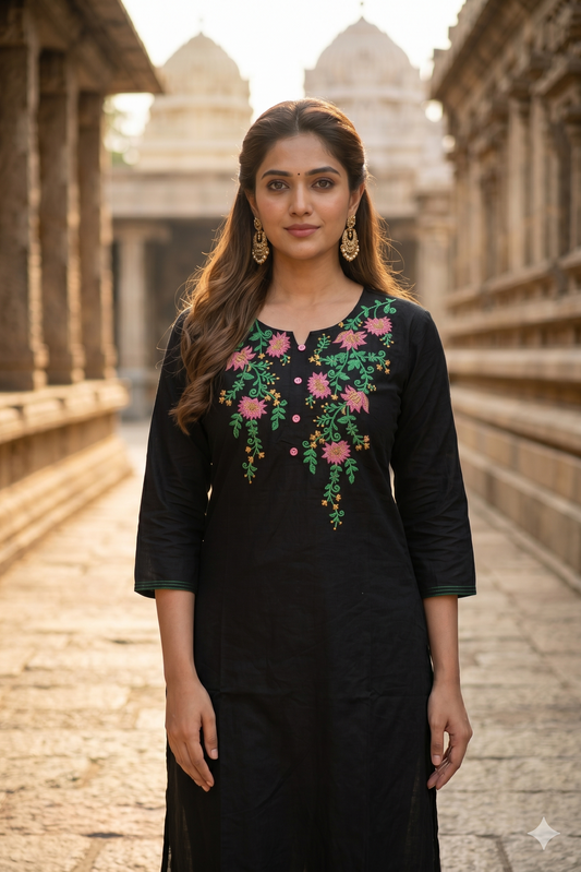 Black Straight Kurti with Pink and Green Floral Embroidery (IB0465)