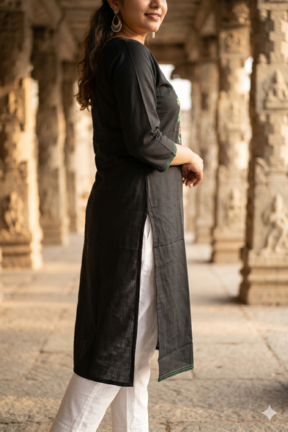 Black Straight Kurti with Pink and Green Floral Embroidery (IB0465)