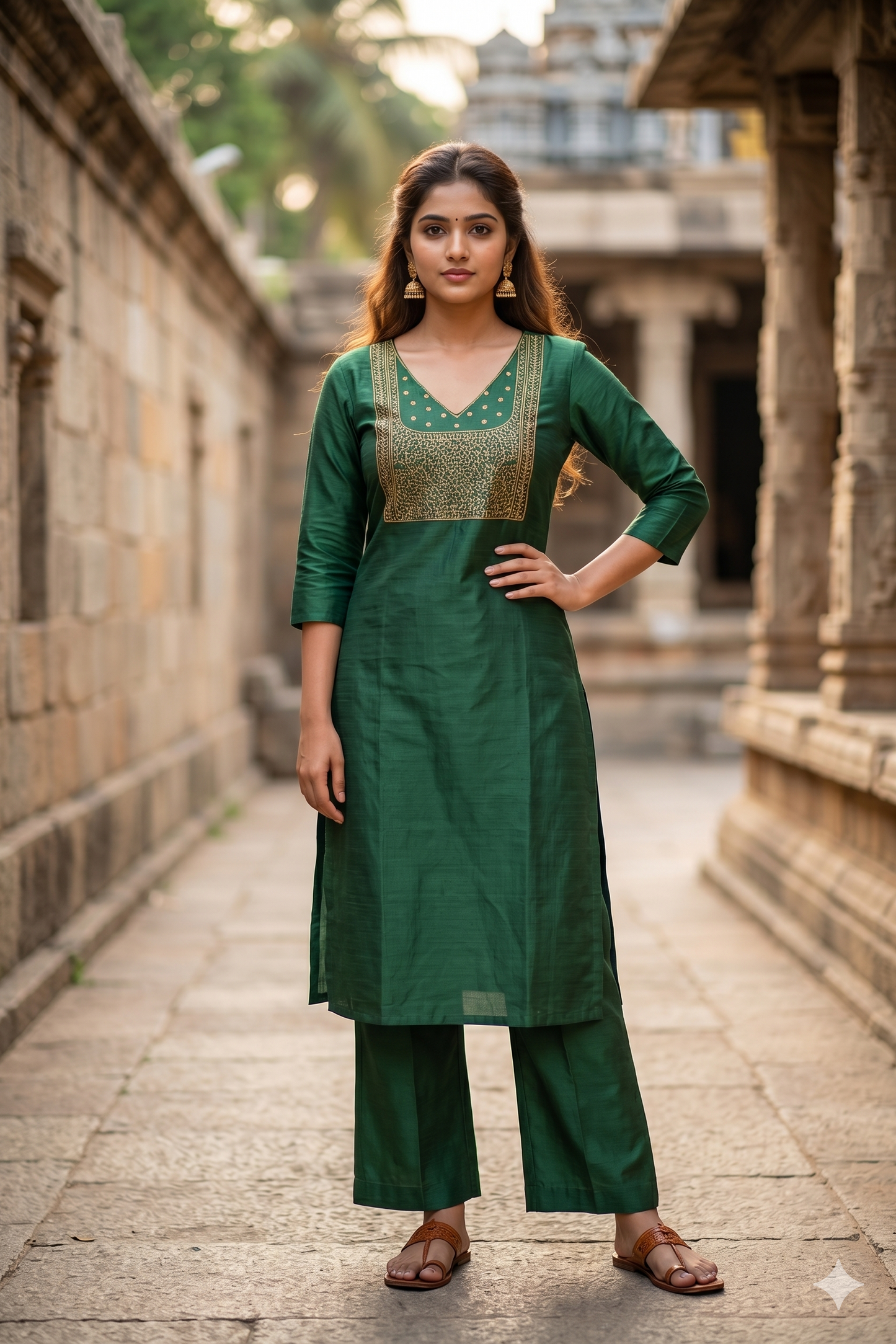 Dark Green Straight Kurti with Gold Neck Embroidery (IB0466)
