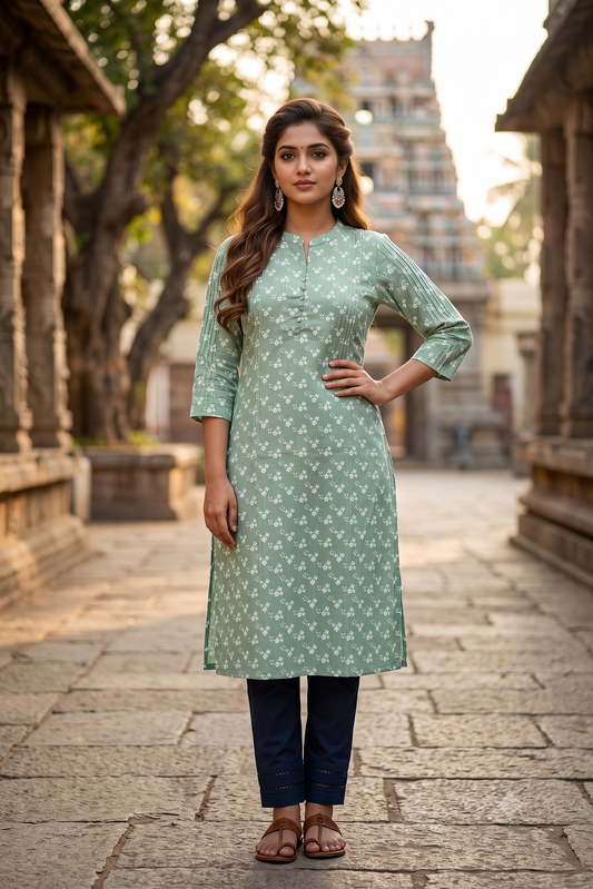 Sage Green Floral Popcorn Kurti (IB0538)