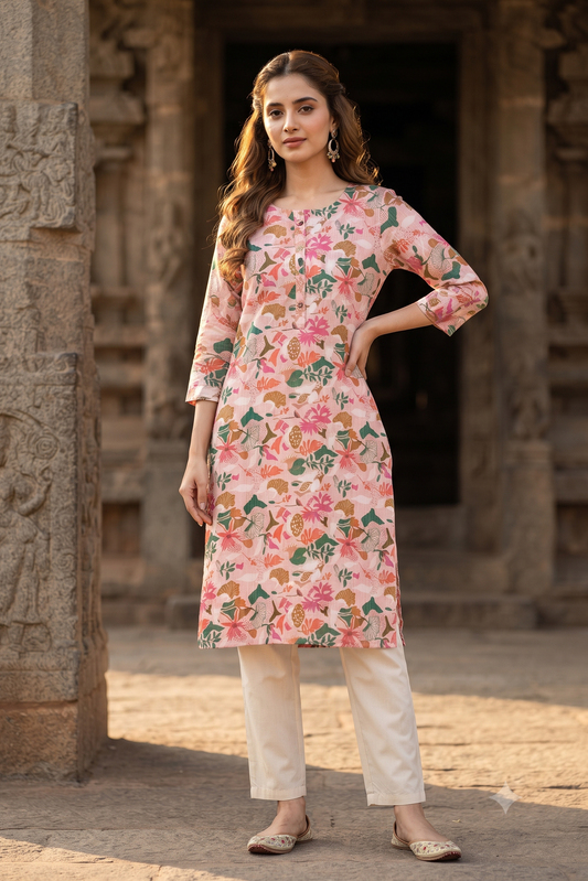 Multi-Color Botanical Print Popcorn Textured Kurti (IB0539)
