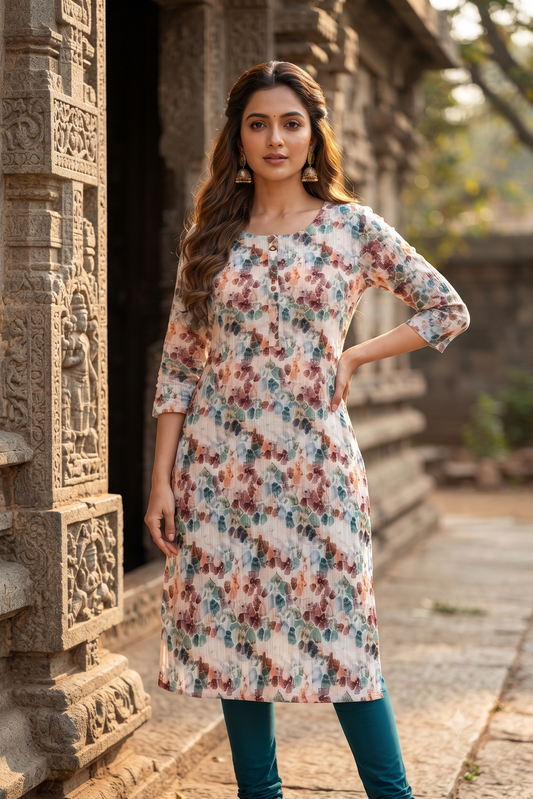 Multicolor Abstract Splash Popcorn Kurti (IB0540)