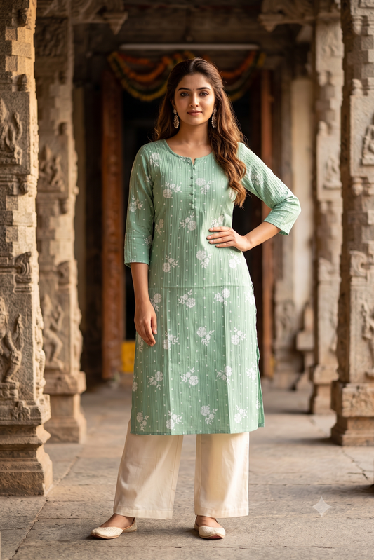 Sage Green Floral Textured Popcorn Kurti (IB0541)
