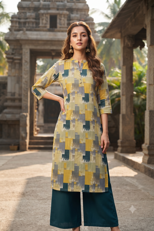 Mustard Yellow & Teal Abstract Block Print Popcorn Kurti (IB0542)