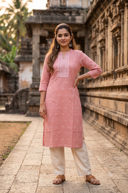 Dusty Rose Geometric Print Popcorn Kurti (IB0543)