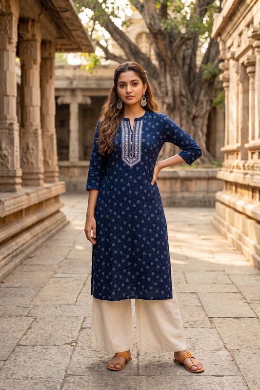 Navy Blue Geometric Print Popcorn Kurti (IB0544)