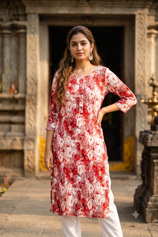 Crimson Red & White Floral Print Popcorn Kurti (IB0545)