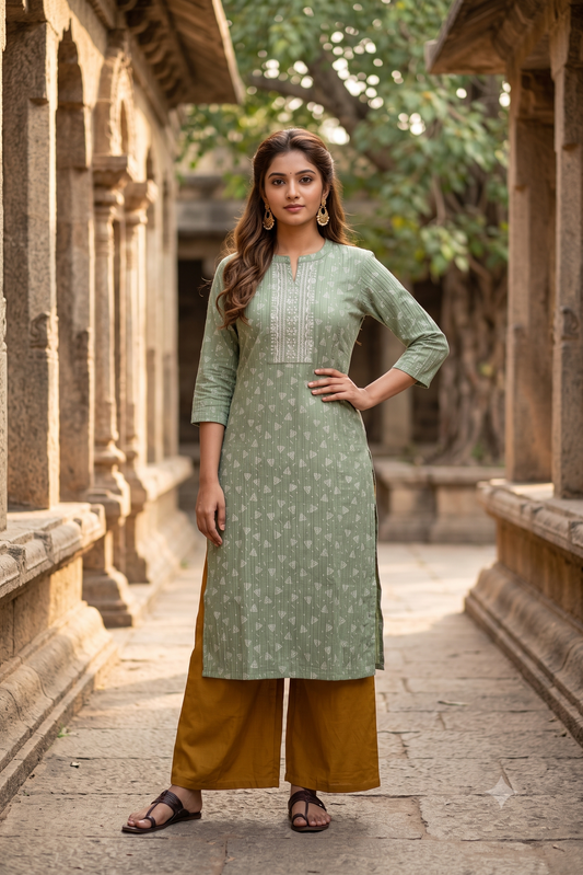 Sage Green Geometric Print Popcorn Kurti (IB0546)