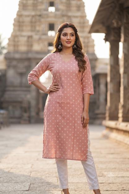 Peach Floral Print Popcorn Kurti (IB0547)