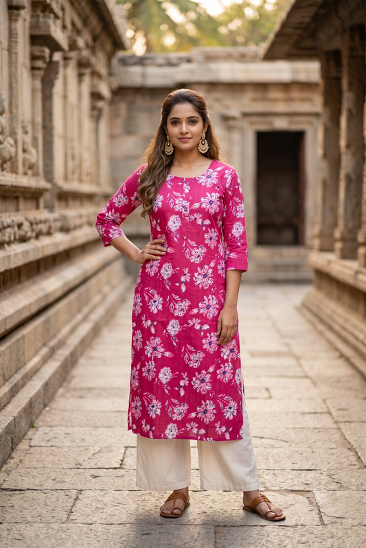 Magenta Pink Floral Print Popcorn Kurti (IB0548)