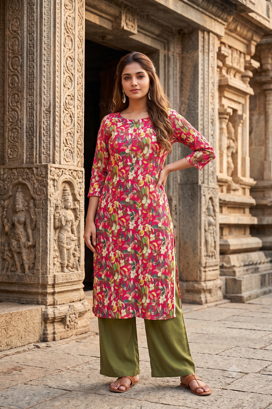 Fuchsia Pink Botanical Floral Print Popcorn Kurti (IB0549)