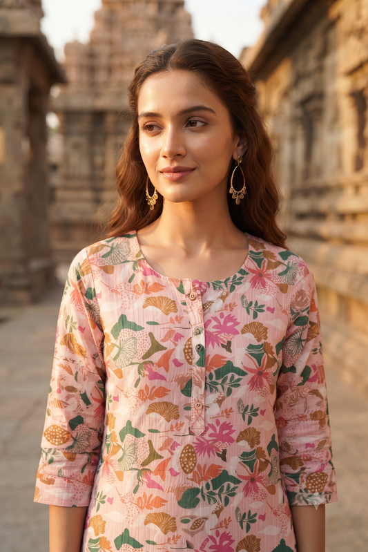 Multi-Color Botanical Print Popcorn Textured Kurti (IB0539)