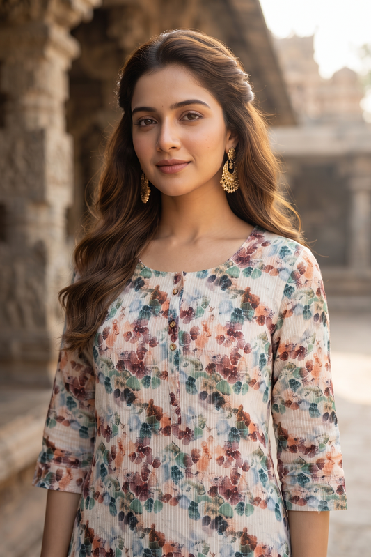 Multicolor Abstract Splash Popcorn Kurti (IB0540)