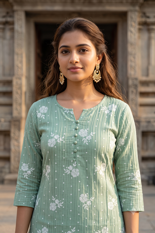 Sage Green Floral Textured Popcorn Kurti (IB0541)