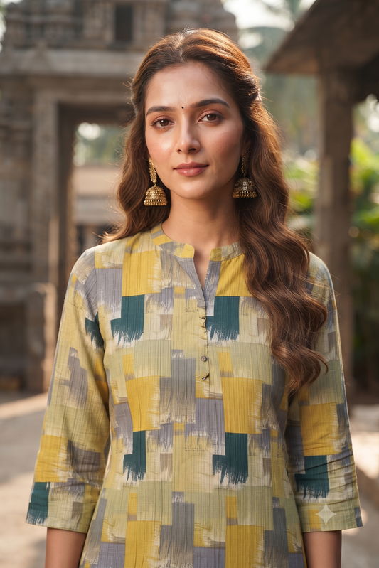 Mustard Yellow & Teal Abstract Block Print Popcorn Kurti (IB0542)